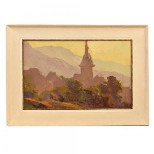 DIPINTI ANTICHI, ART DECO, PAESAGGI AD OLIO CON CHIESA, PITTORI DEL 900 SECOLO. (QP383)
